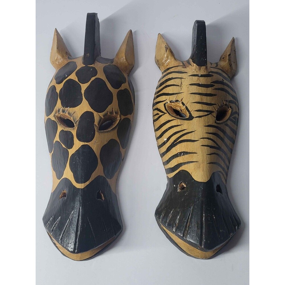 Set of 2 Hand Carved Wooden Animal Wall Masks African Zebra & Giraffe Decor